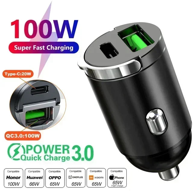 200W Mini Car Charger PD Type C Fast Charging For IPhone QC 3.0 USB C Car Mobile Phone Charger For Samsung Xiaomi Huawei