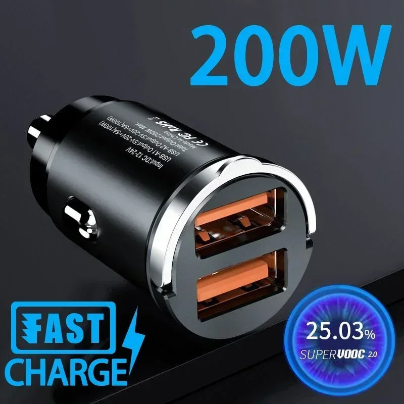 200W Mini Car Charger PD Type C Fast Charging For IPhone QC 3.0 USB C Car Mobile Phone Charger For Samsung Xiaomi Huawei