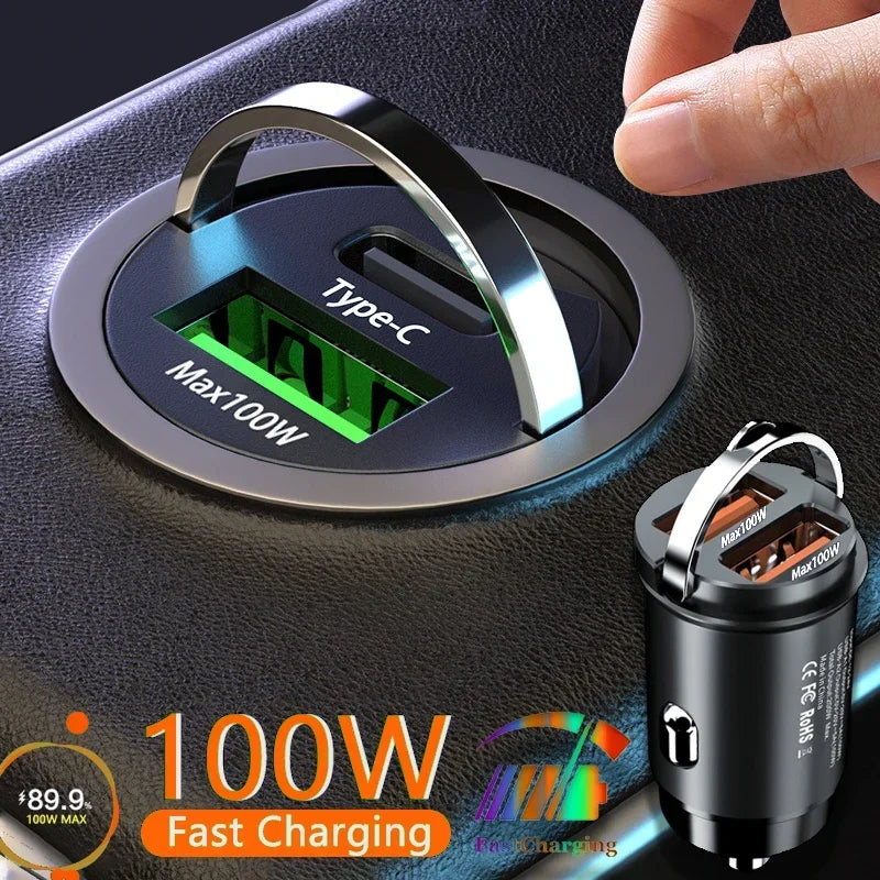 200W Mini Car Charger PD Type C Fast Charging For IPhone QC 3.0 USB C Car Mobile Phone Charger For Samsung Xiaomi Huawei
